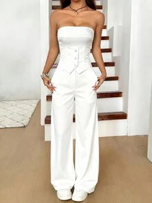 SHEIN EZwear 女士时尚纽扣装饰抹胸上衣和阔腿裤白色两件套，夏季 - 白色 - 查看 3