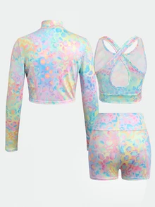 SHEIN 兒童青少年女孩休閒日常百搭多巴胺彩色紮染印花拉鍊立領夾克背心單車褲3件式運動套裝 - 彩色 - 查看 6