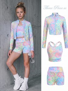 SHEIN 兒童青少年女孩休閒日常百搭多巴胺彩色紮染印花拉鍊立領夾克背心單車褲3件式運動套裝 - 彩色 - 查看 5