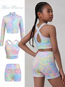 SHEIN 兒童青少年女孩休閒日常百搭多巴胺彩色紮染印花拉鍊立領夾克背心單車褲3件式運動套裝 - 彩色 - 查看 1