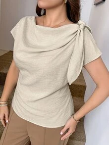 Easowa Curve 大尺碼女款純色休閒百搭日常襯衫 - 卡其色 - 查看 5