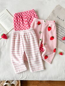 SHEIN 3件組女嬰秋冬甜美可愛草莓、粉色與白色條紋及波點圖案毛絨長褲，適合日常穿著、外出及室內/戶外場合 - 彩色 - 查看 7