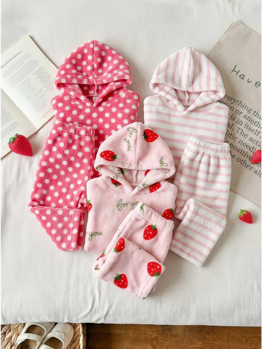 SHEIN 3件組女嬰秋冬甜美可愛草莓、粉色與白色條紋及波點圖案毛絨長褲,適合日常穿著、外出及室內/戶外場合 - 彩色 - 查看 1
