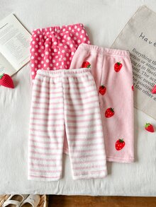 SHEIN 3件組女嬰秋冬甜美可愛草莓、粉色與白色條紋及波點圖案毛絨長褲，適合日常穿著、外出及室內/戶外場合 - 彩色 - 查看 2
