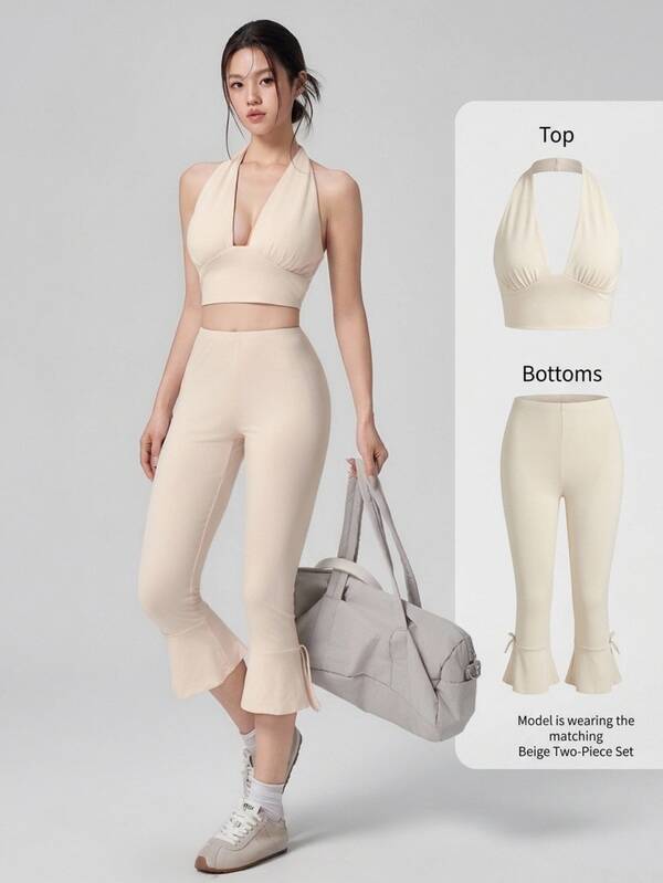 DAZY Solid Halter Top & Flare Leg Capris Sports Set