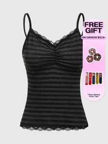 ROMWE Summer Casual Versatile Black & Gray Striped Lace Trim Camisole - Dark Grey - View 5