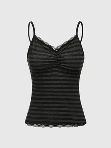ROMWE Summer Casual Versatile Black & Gray Striped Lace Trim Camisole - Dark Grey - View 1