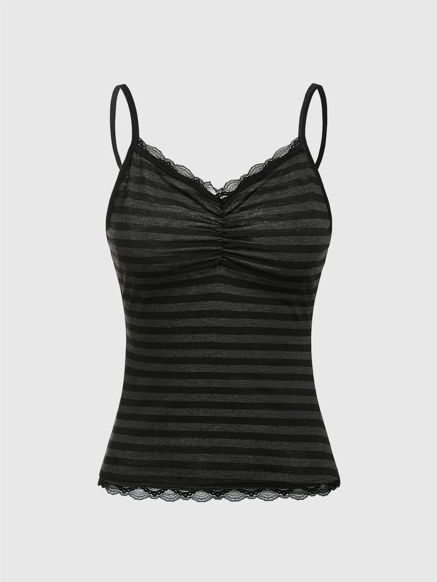 ROMWE Summer Casual Versatile Black & Gray Striped Lace Trim Camisole - Dark Grey - View 1