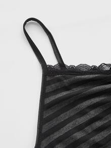 ROMWE Summer Casual Versatile Black & Gray Striped Lace Trim Camisole - Dark Grey - View 3