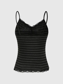 ROMWE Summer Casual Versatile Black & Gray Striped Lace Trim Camisole - Dark Grey - View 2