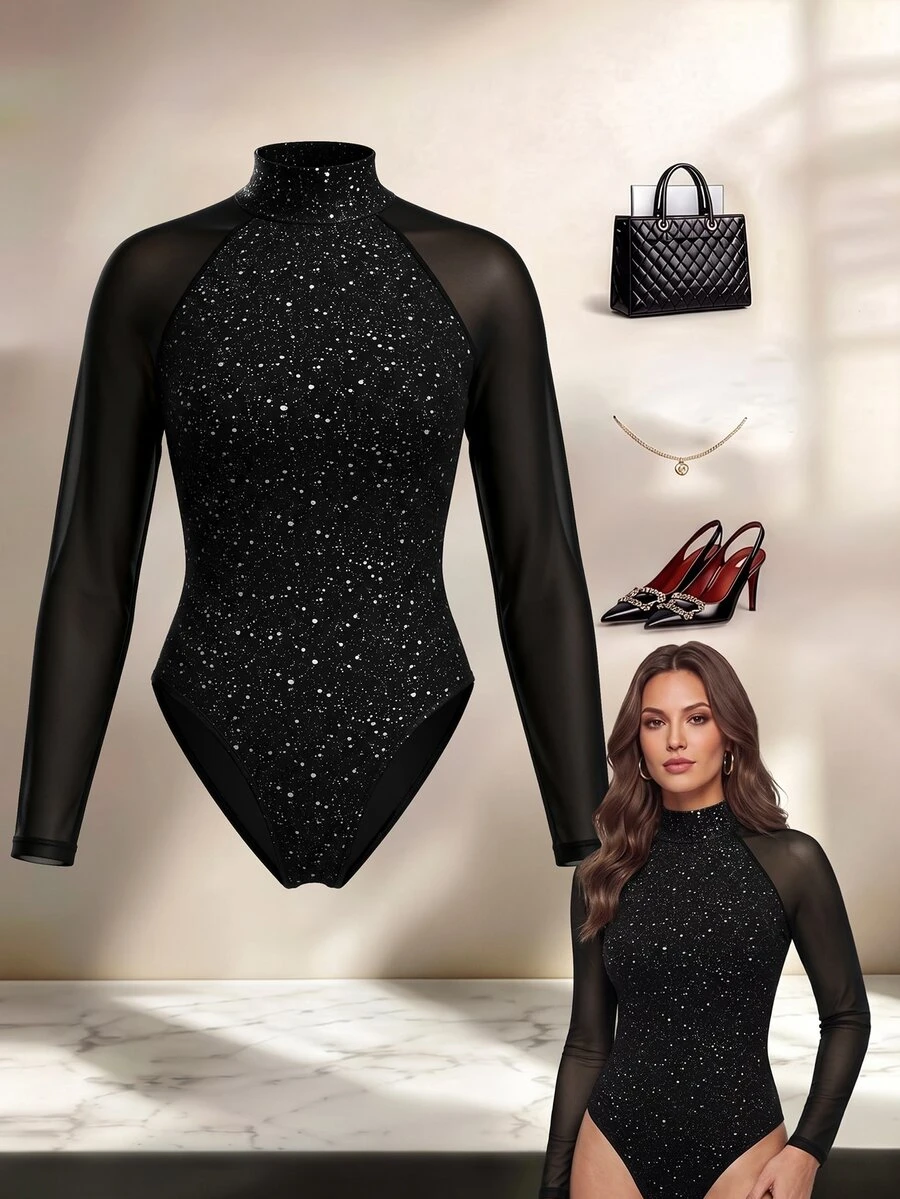 Elenzga Plus Size Simple Elegant Casual Versatile Silver Glitter Women's Bodysuit - Black - View 1