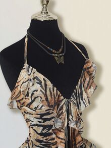 SHEIN ICON 合身虎纹网眼透视长领带设计不对称下摆女式背心 - 棕色 - 查看 7