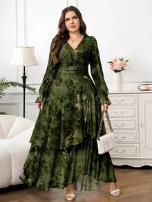 Reflora Gaun Panjang Wanita Ukuran Plus Terbaru dengan Motif Cetak, Hem Berkerut, Pinggang Elastis Tinggi, Gaun Musim Gugur, Gaun Berkerut, Gaun Bermotif, Hari Nasional Saudi - Hijau - View 5