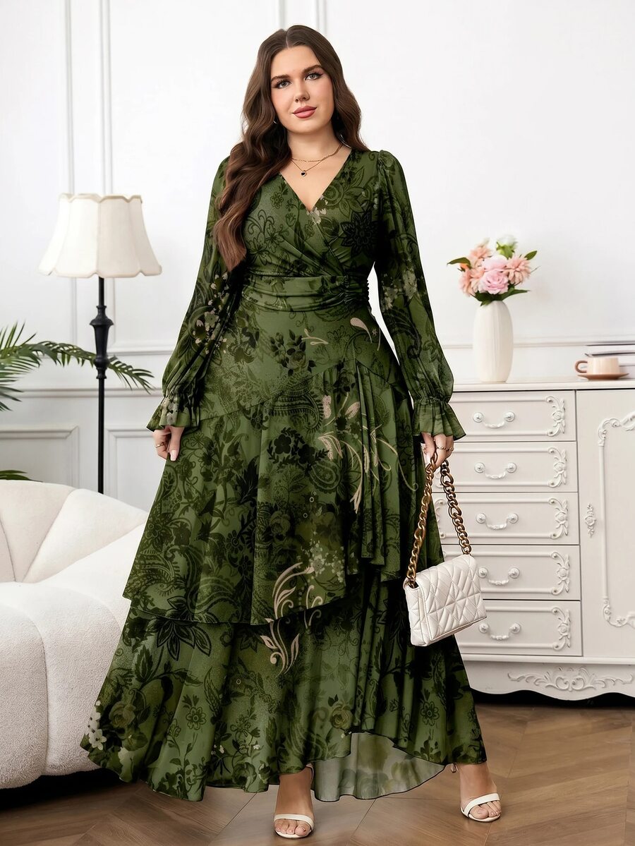 Reflora New Plus Size Women's Fashion Printed Ruffle Hem High Elastic Waist Long Dress Autumn Saudi National Day Brunch Formal Olive Green Elegant