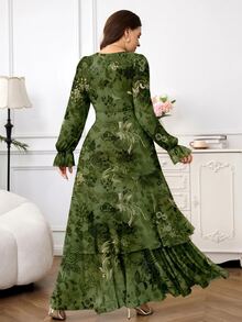 Reflora Gaun Panjang Wanita Ukuran Plus Terbaru dengan Motif Cetak, Hem Berkerut, Pinggang Elastis Tinggi, Gaun Musim Gugur, Gaun Berkerut, Gaun Bermotif, Hari Nasional Saudi - Hijau - View 3