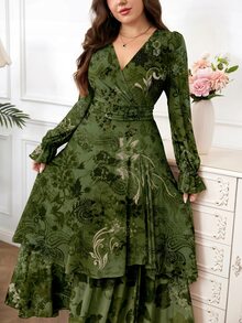Reflora Gaun Panjang Wanita Ukuran Plus Terbaru dengan Motif Cetak, Hem Berkerut, Pinggang Elastis Tinggi, Gaun Musim Gugur, Gaun Berkerut, Gaun Bermotif, Hari Nasional Saudi - Hijau - View 6