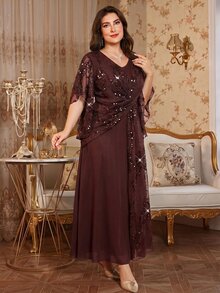 Reflora Plus Size Women's Patchwork Sequin Twist Knot Design Elegant Dress - Brown - View 2