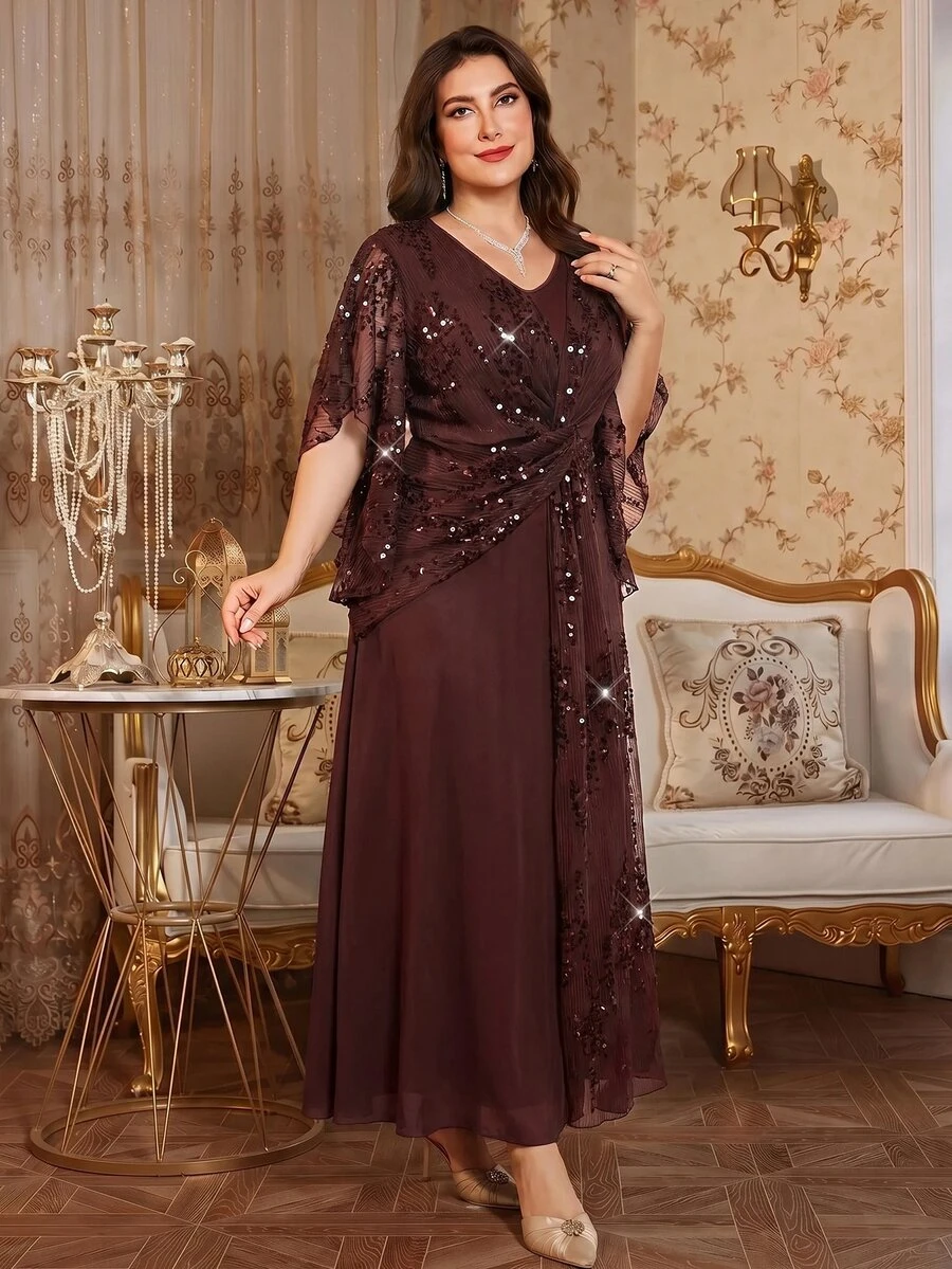 Reflora Plus Size Women's Patchwork Sequin Twist Knot Design Elegant Dress