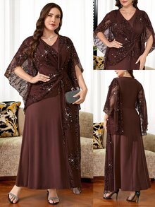 Reflora Plus Size Women's Patchwork Sequin Twist Knot Design Elegant Dress - Brown - View 9