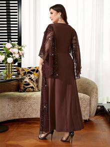 Reflora Plus Size Women's Patchwork Sequin Twist Knot Design Elegant Dress - Brown - View 3