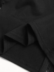 SHEIN 青少年女孩長袖立領前開襟拉鍊T恤搭配露背背心與單車褲運動套裝，黑色運動服套裝 - 黑色 - 查看 9