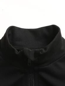 SHEIN 青少年女孩長袖立領前開襟拉鍊T恤搭配露背背心與單車褲運動套裝，黑色運動服套裝 - 黑色 - 查看 8