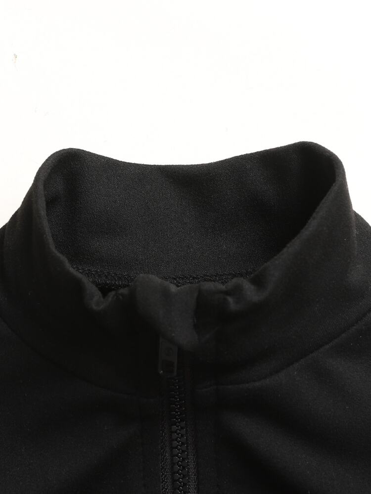 SHEIN Tween Girl Long Sleeve Stand Collar Zipper Front T-Shirt With Back Cutout Tank Top And Cycling Leggings Sports Set, Black Sportswear Set - Black - View 8