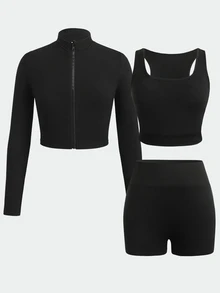 SHEIN 青少年女孩長袖立領前開襟拉鍊T恤搭配露背背心與單車褲運動套裝，黑色運動服套裝 - 黑色 - 查看 2
