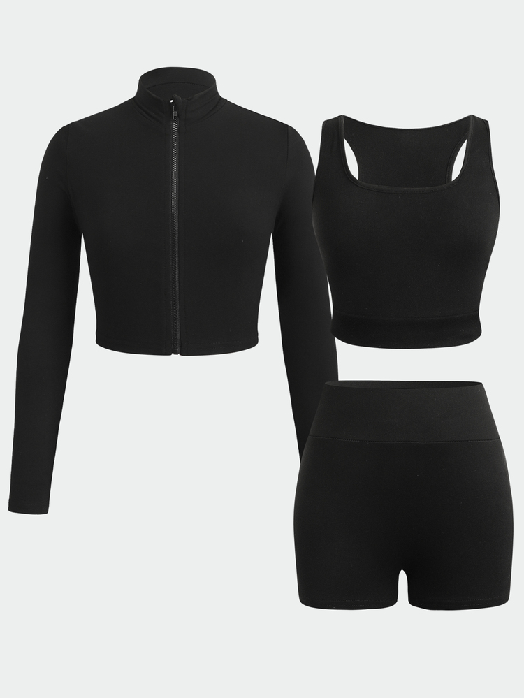 SHEIN Tween Girl Long Sleeve Stand Collar Zipper Front T-Shirt With Back Cutout Tank Top And Cycling Leggings Sports Set, Black Sportswear Set - Black - View 2