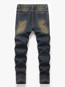 兒童青少年男孩 Y2K 冬季復古藍色抓絨內裡保暖修身牛仔褲，黑色，秋季上學穿搭 - 藍色 - 查看 2