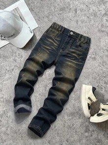 兒童青少年男孩 Y2K 冬季復古藍色抓絨內裡保暖修身牛仔褲，黑色，秋季上學穿搭 - 藍色 - 查看 1