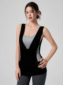 DAZY Cowl Front 2 In 1 Sports Tank Top - Black - View 6