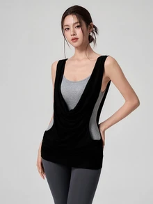 DAZY Cowl Front 2 In 1 Sports Tank Top - Black - View 4