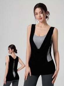 DAZY Cowl Front 2 In 1 Sports Tank Top - Black - View 1