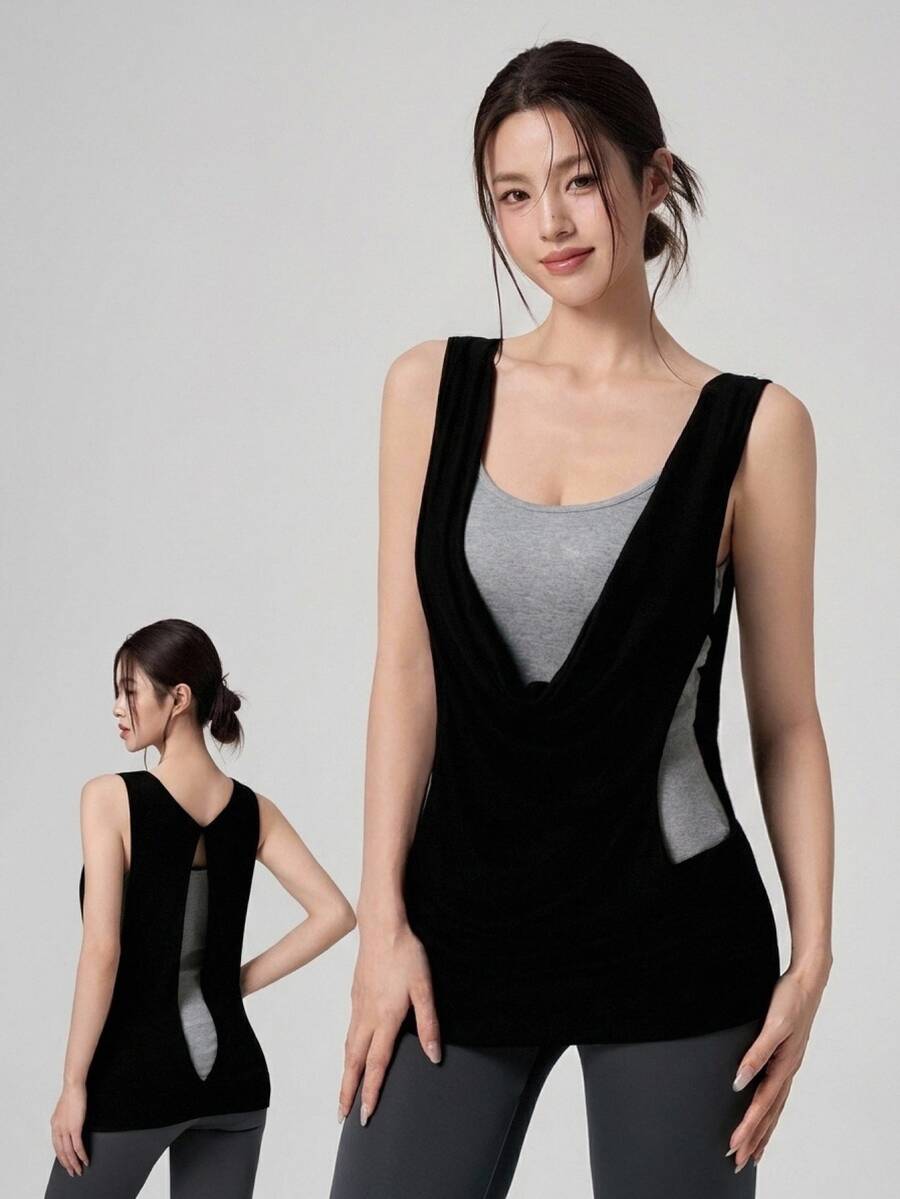 DAZY Cowl Front 2 In 1 Sports Tank Top - Black - View 1