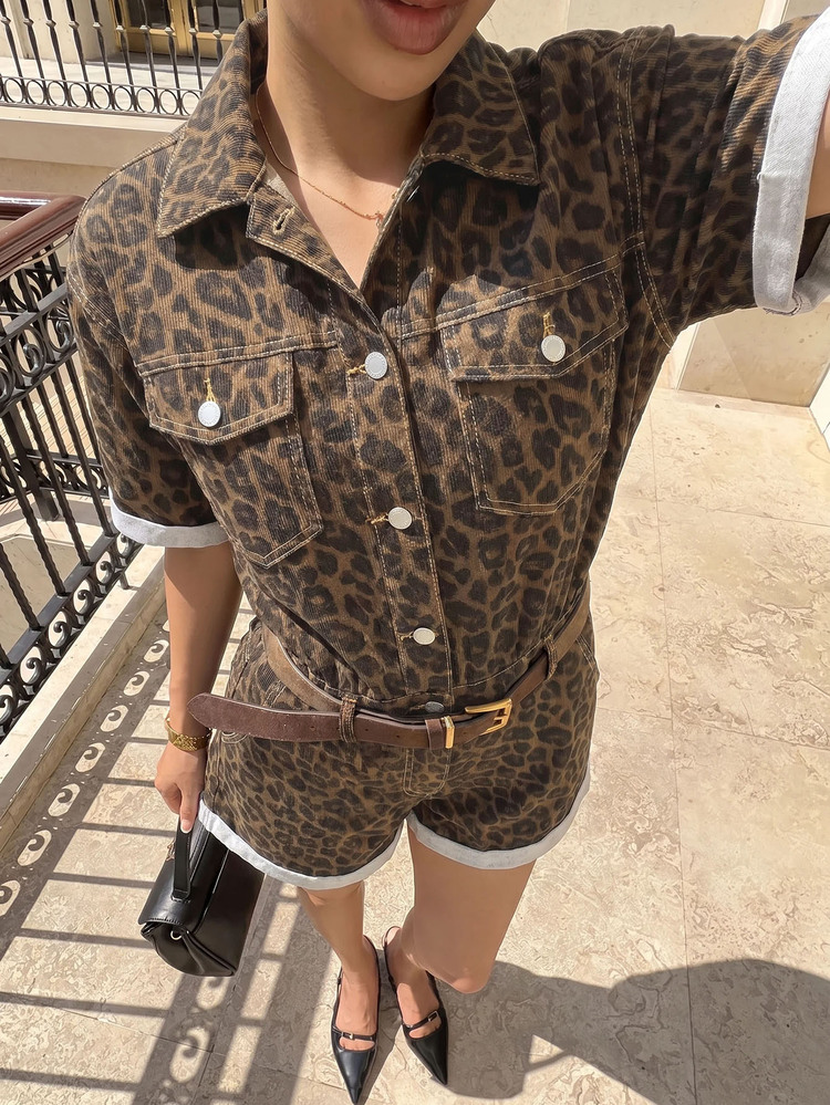 Siren Gaze Women's Leopard Print Pocket Fashion Button Denim Romper - Brown - View 9