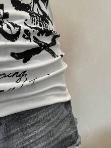 INAWLY Women's Summer Punk Rock Slim Fit Skull Print Short Sleeve T-Shirt - White - View 7
