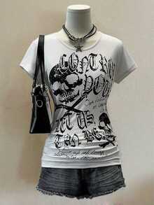INAWLY Women's Summer Punk Rock Slim Fit Skull Print Short Sleeve T-Shirt - White - View 3