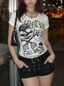 INAWLY Women's Summer Punk Rock Slim Fit Skull Print Short Sleeve T-Shirt - White - View 5