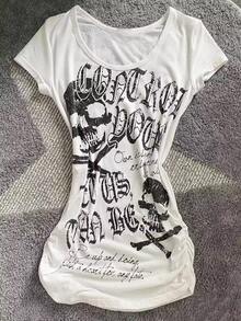 INAWLY Women's Summer Punk Rock Slim Fit Skull Print Short Sleeve T-Shirt - White - View 1