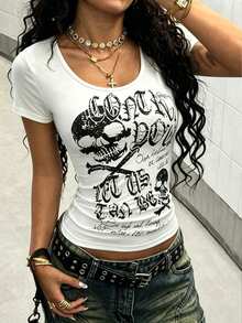 INAWLY Women's Summer Punk Rock Slim Fit Skull Print Short Sleeve T-Shirt - White - View 4