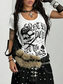 INAWLY Women's Summer Punk Rock Slim Fit Skull Print Short Sleeve T-Shirt - White - View 6