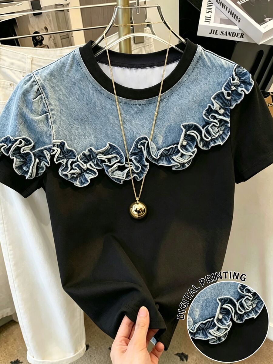 Resyla Camiseta casual de mujer con efecto de mezclilla, volantes en el bajo y mangas cortas - Multicolor - Ver 1