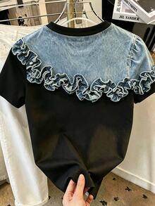 Resyla Camiseta casual de mujer con efecto de mezclilla, volantes en el bajo y mangas cortas - Multicolor - Ver 2