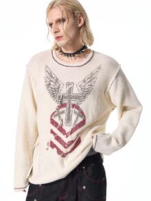 ROMWE MEN Street Life Men's Crew Neck Knit Personalized Printed Sweater - Beige - View 1
