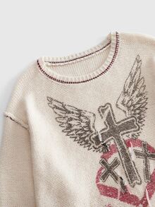 ROMWE MEN Street Life Men's Crew Neck Knit Personalized Printed Sweater - Beige - View 3