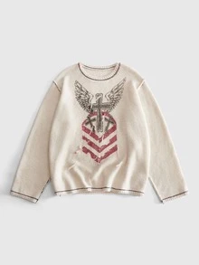 ROMWE MEN Street Life Men's Crew Neck Knit Personalized Printed Sweater - Beige - View 7