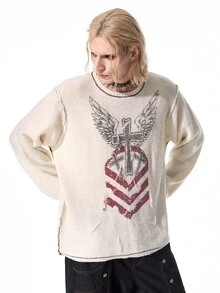 ROMWE MEN Street Life Men's Crew Neck Knit Personalized Printed Sweater - Beige - View 9