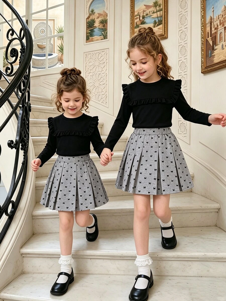SHEIN 2pcs/Set Girls' Minimalist Cute Black Ribbed Knit Long Sleeve Top & Bow Full Print Fashion Skirt, Autumn/Winter T-Shirt Set - Grey - View 1
