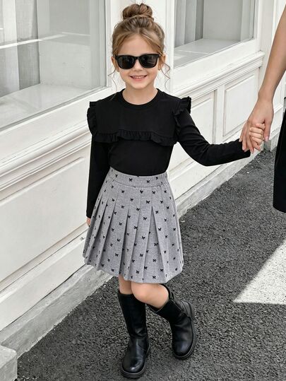 SHEIN 2pcs/Set Girls' Minimalist Cute Black Ribbed Knit Long Sleeve Top & Bow Full Print Fashion Skirt, Autumn/Winter T-Shirt Set